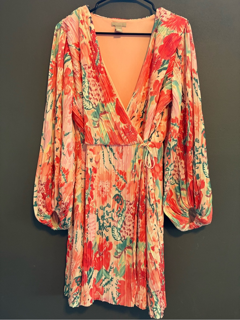 H&M Floral Plissé Wrap Mini Dress Balloon Sleeve Pink Red L EUC